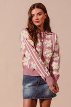 SO ME Women's Sweater Floral Stripe Mauve Ivory Polo Collar Pullover a36a0115-1ad7-4009-b18a-31a55843dc5c-Max-Origin Trendsi