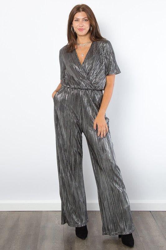 Be Stage Surplice Silver Foil Jumpsuit Short Sleeve Pleated V Neck Pocketed Overall