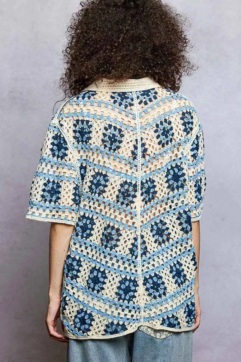 POL Crochet Shirt Blue Multi Openwork Short Sleeve with Border Accents Top a36ee2fe-47e8-48b9-8c4d-8c3fa0740a46-Max-Origin Trendsi