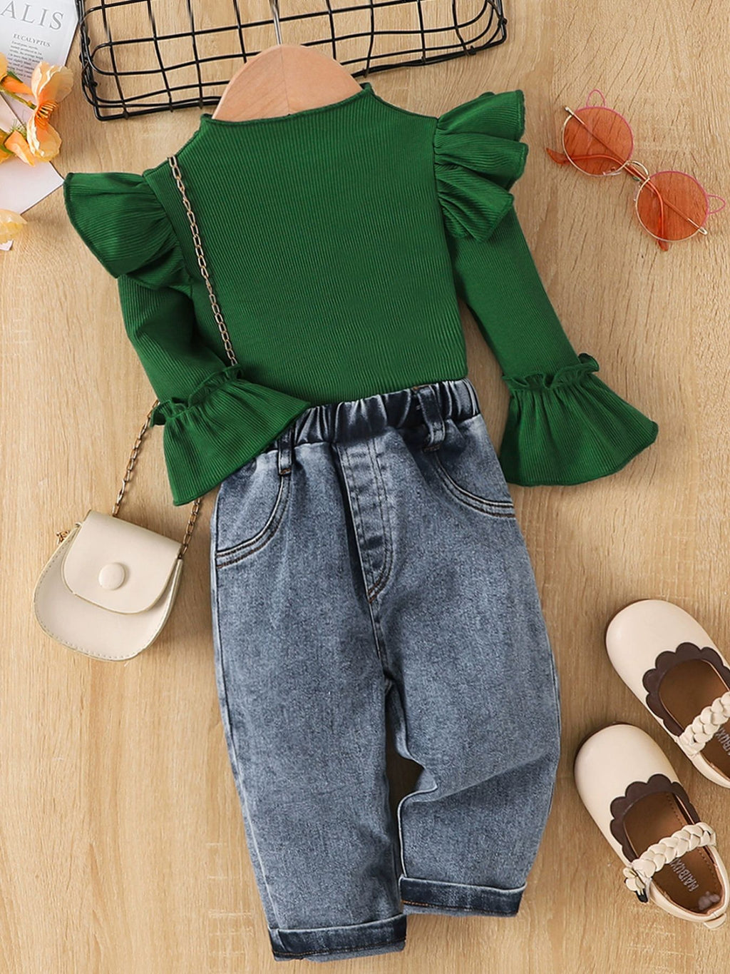 Children's Ruffle Trim Ribbed Top and Jeans Two-Piece Set