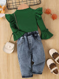 Children's Ruffle Trim Ribbed Top and Jeans Two-Piece Set