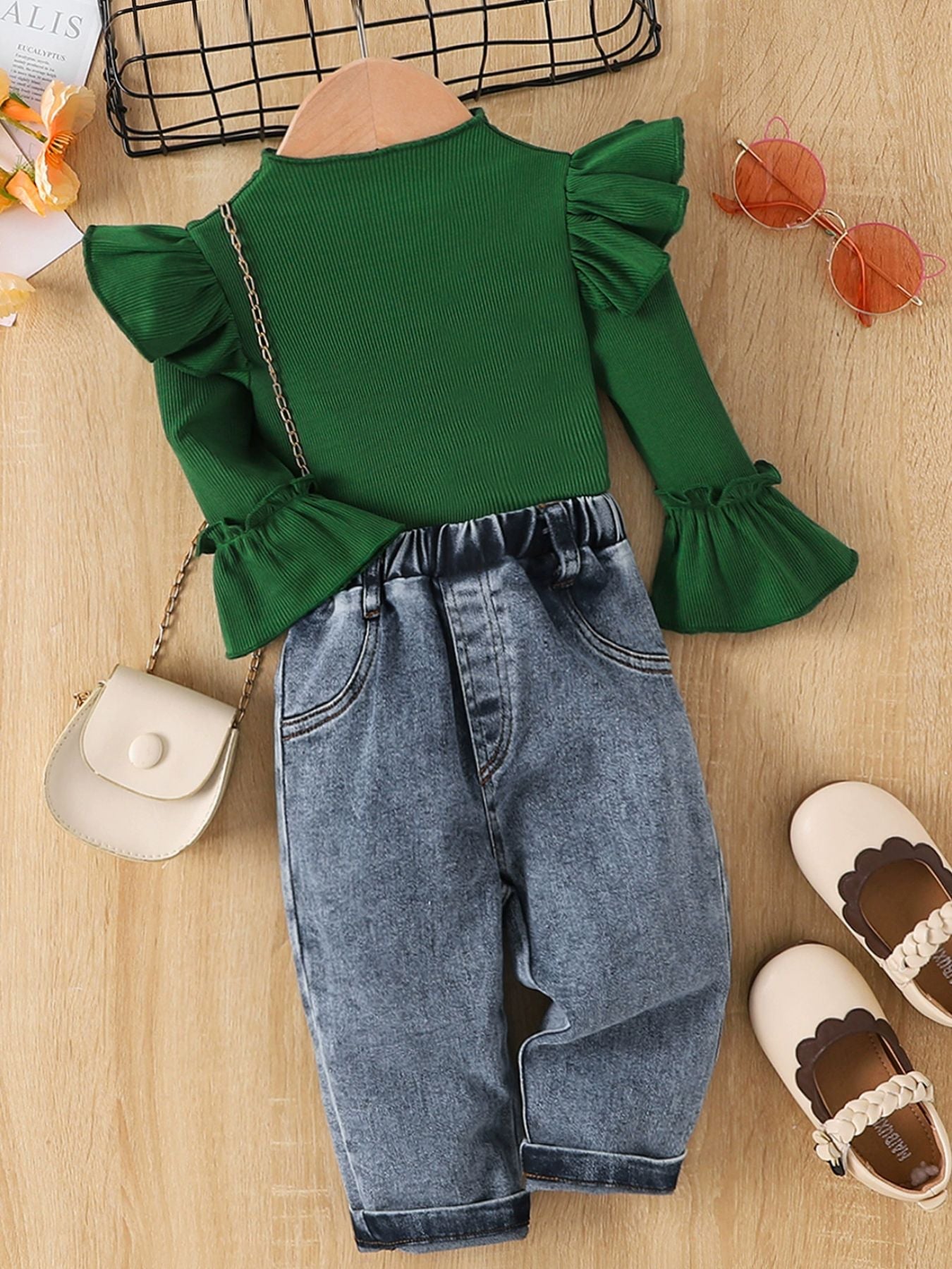 Children's Ruffle Trim Ribbed Top and Jeans Two-Piece Set