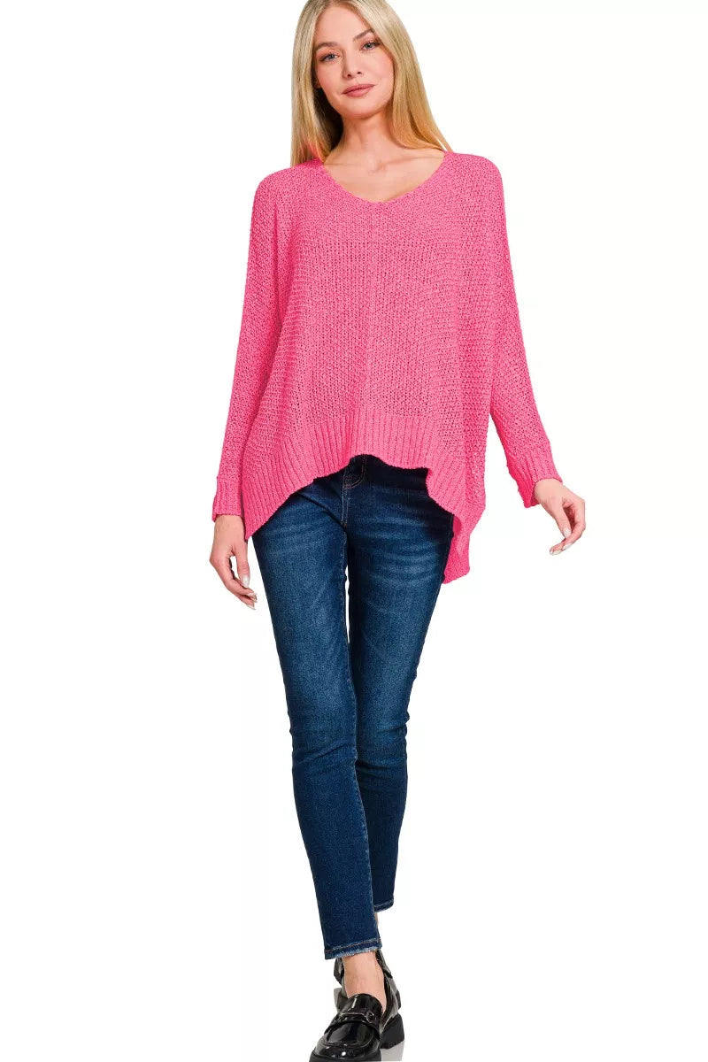 Zenana Womens Sweater Fucshia Pink Dolman Sleeve V-Neck Knit Top a37802c9c9ba4ed5a2a081770454b885-Max-Origin Trendsi