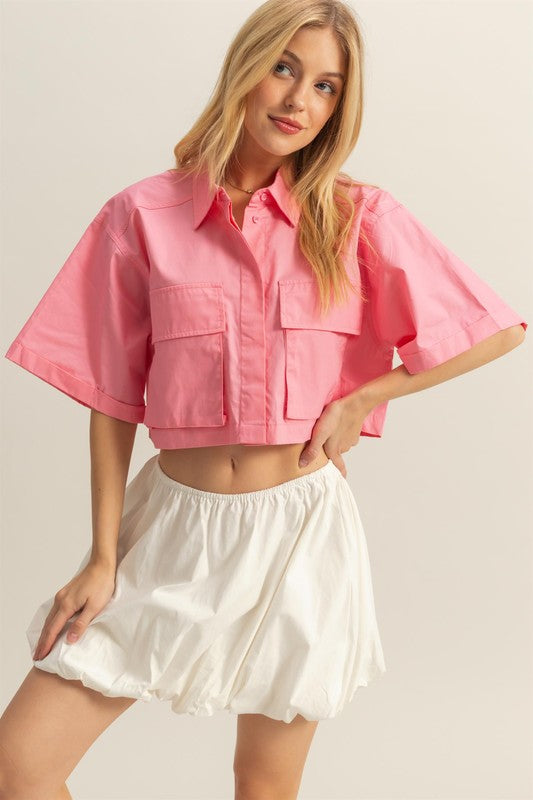 HYFVE Crop Shirt Pink Front Pockets Poplin Collared Neck Short Sleeve Burnt Coral a37b5f95-b579-4b47-b6fc-7b826d2c45be-Max Trendsi