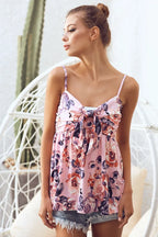 BiBi Floral Blouse Pink Mix Printed Jersey Knit with Tie Ribbon Front Top a37d612ee2c2415cbf8f39a1fea34644-Max-Origin Trendsi