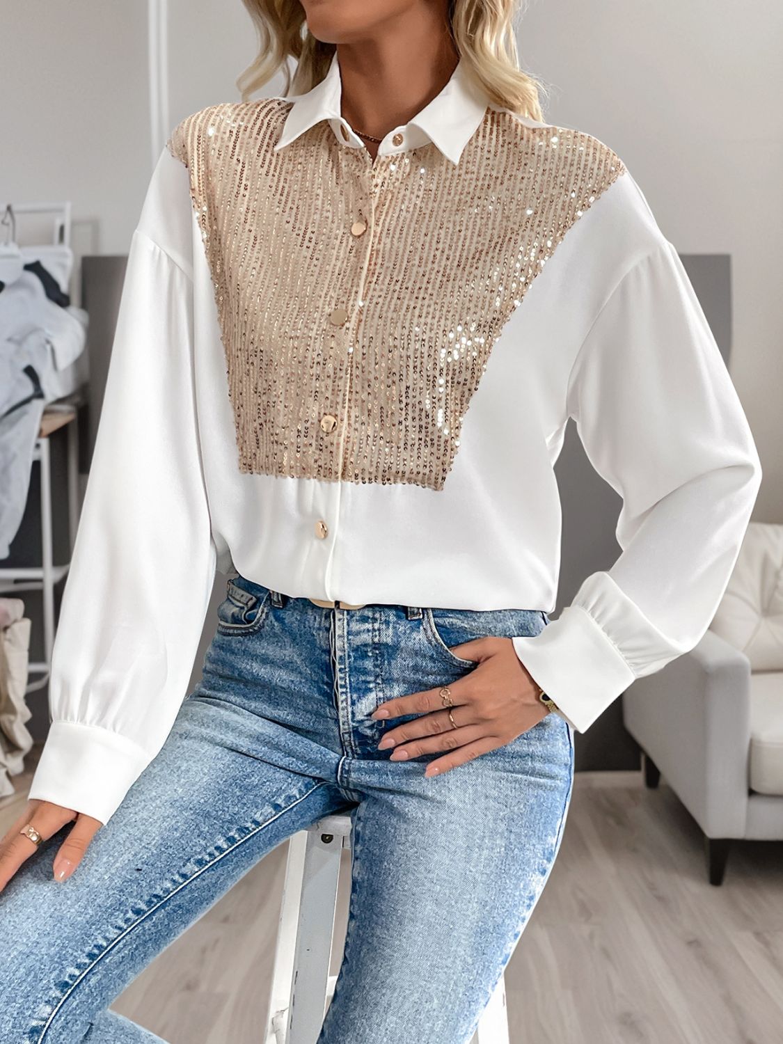 Perfee White Shirt Sequin Contrast Collared Neck Long Sleeve Women Blouse