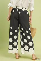 Umgee Wide Leg Pants Black Hexagon Print with Scalloped Hem a396d5ca-0f4f-41ed-87d4-a9a81316e28c-Max-Origin Trendsi