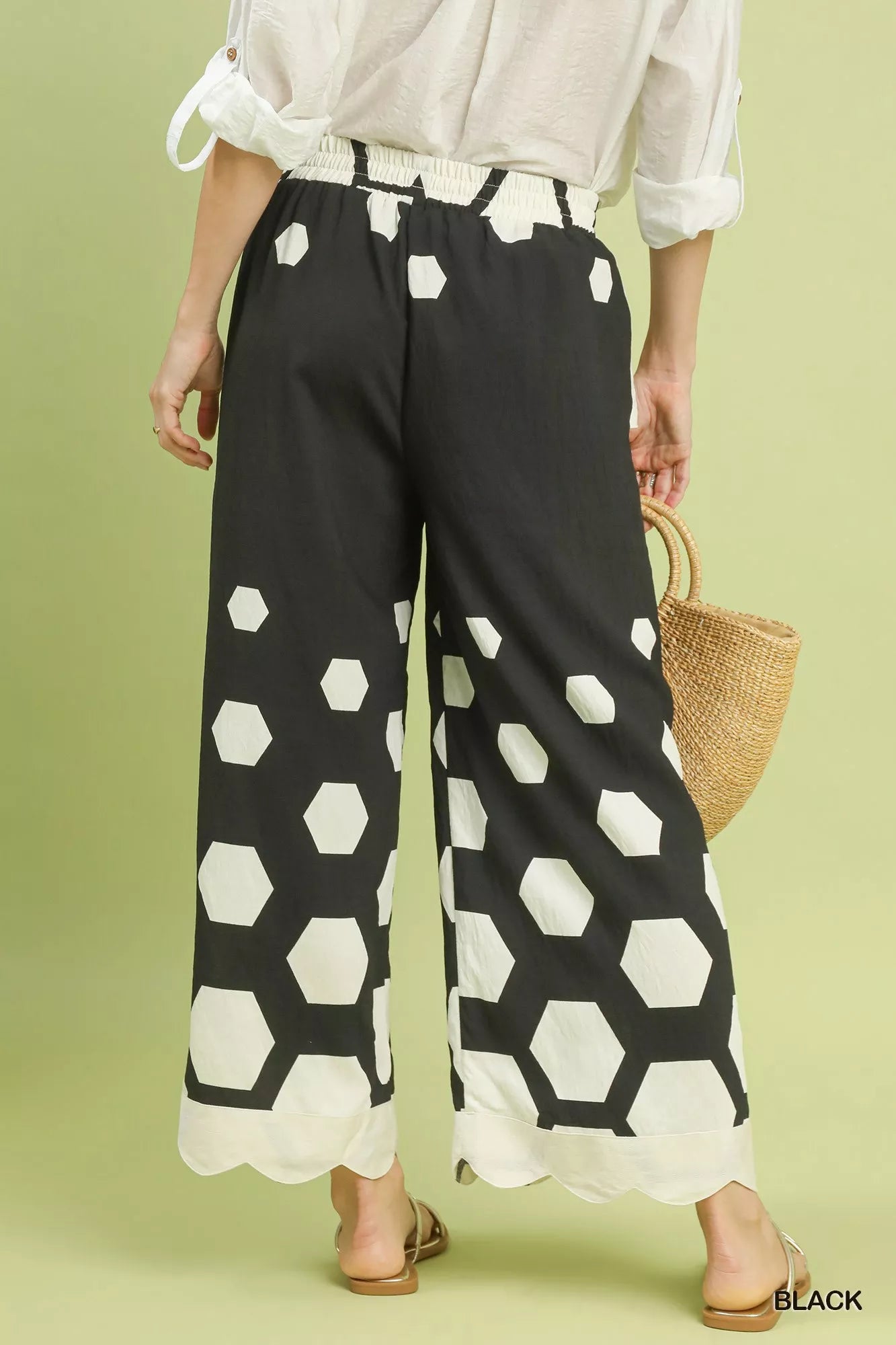 Umgee Wide Leg Pants Black Hexagon Print with Scalloped Hem a396d5ca-0f4f-41ed-87d4-a9a81316e28c-Max-Origin Trendsi