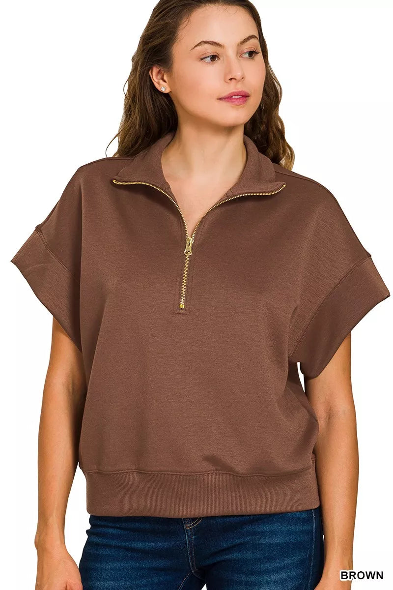 Zenana Womens Sweatshirt Brown Scuba High Neck Half Zip Short Sleeve Top a39d076c39f34a39a54e6d2486a8ea77-Max-Origin Trendsi