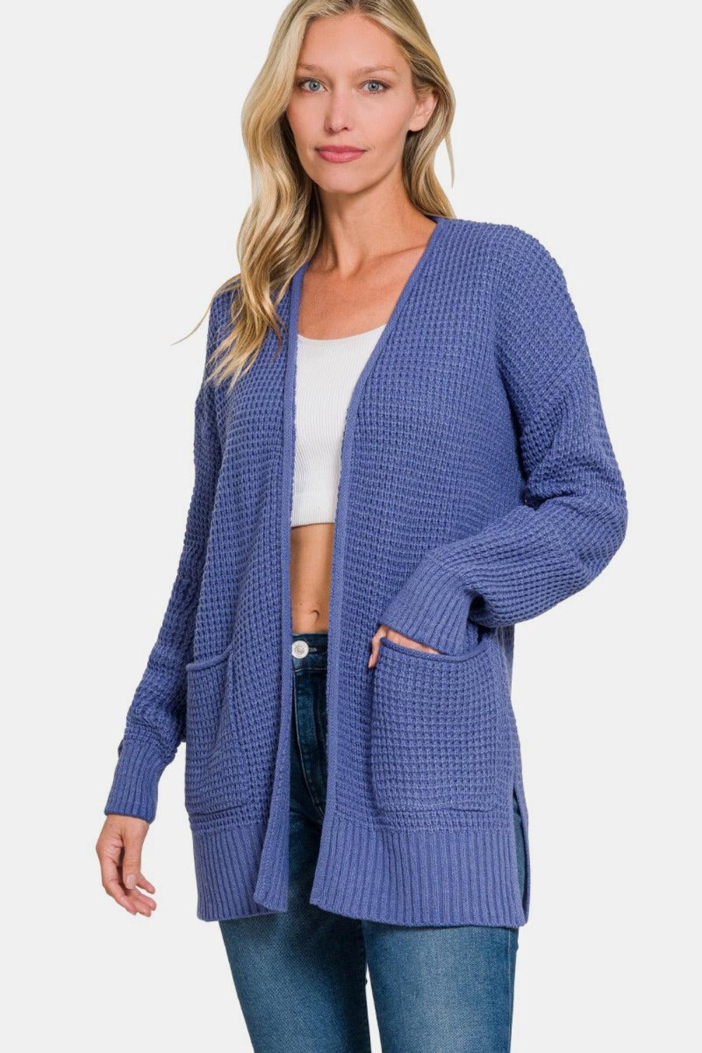 Zenana US Cardigan Waffle Open Front Sweater Long Sleeve Pocketed Marlin a39d4130-ce96-4353-8d43-575156af5eb0-Max Trendsi