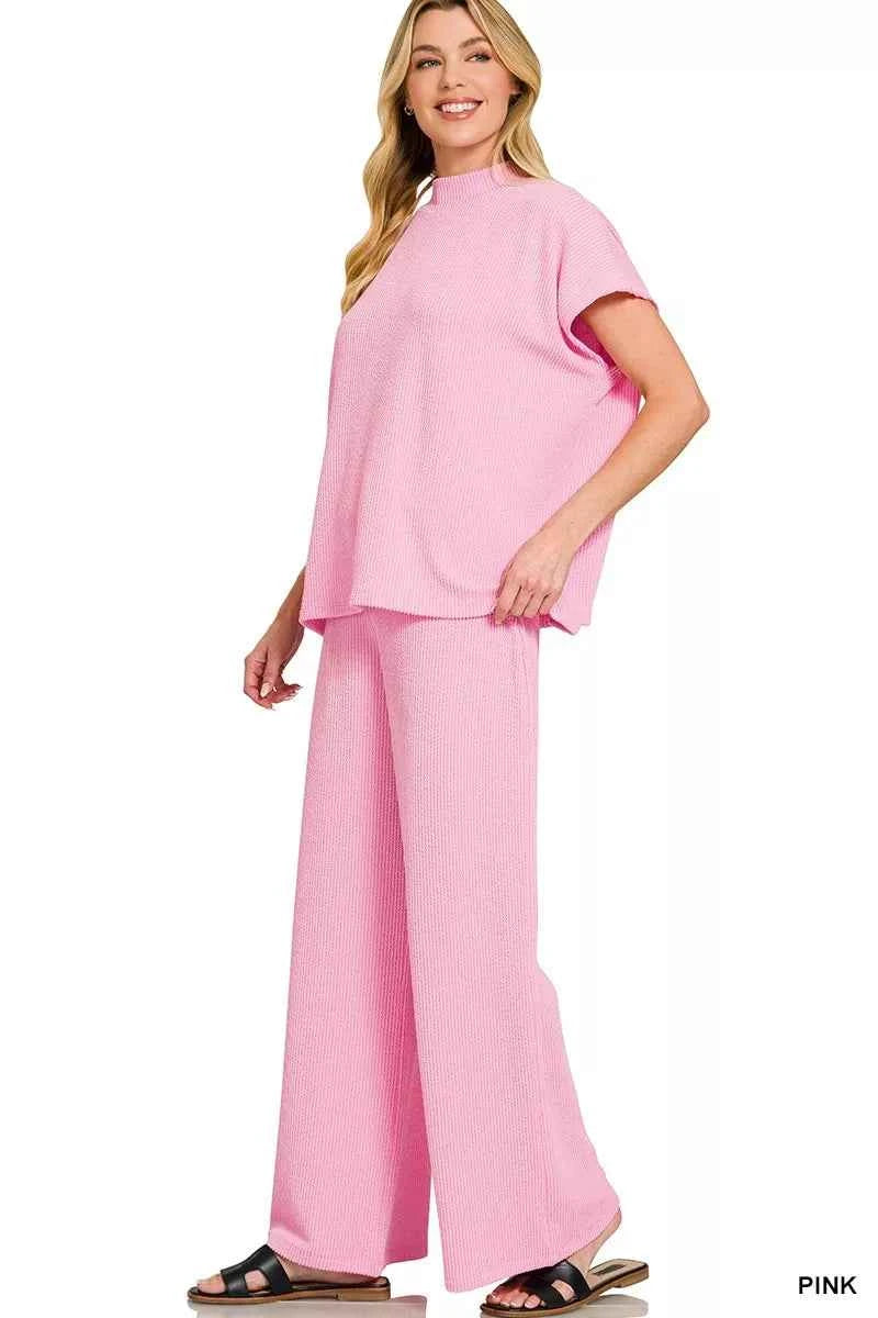 Zenana Outfit Set Pink Raised Rib Short Sleeve Top Tee & Pants a39dfefd3038461a9c43615e68f57fb0-Max-Origin Trendsi