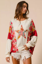BiBi Sweatshirt Floral Print Mixed Star Patch Round Neck Top a3b648f3517642d5a93b6ffac0e9f2a4-Max-Origin Trendsi
