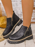 Women's Ankle Boots Pu Leather Textured Side Zip Round Toe Low Heels Shoes a3c38bb1-ee71-4aa8-84d0-2cc2359d2512-Max-Origin Trendsi