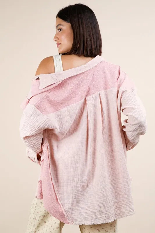 VERY J Shacket Blush Pink Cotton Mineral Washed Oversized Gauze