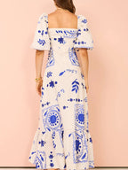 Maxi Dress Floral Square Neck Puff Short Sleeve with Ruffle Hem a3c7d6c74c6a4781895cb2630d136e67-Max-Origin Trendsi