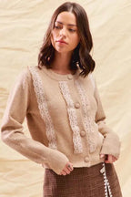 SO ME Women Cardigan Sweater Beige Knit Front Lace Trim Button Lonf Sleeve a3c7f24777784195bbf8be5c1eea635d-Max-Origin Trendsi
