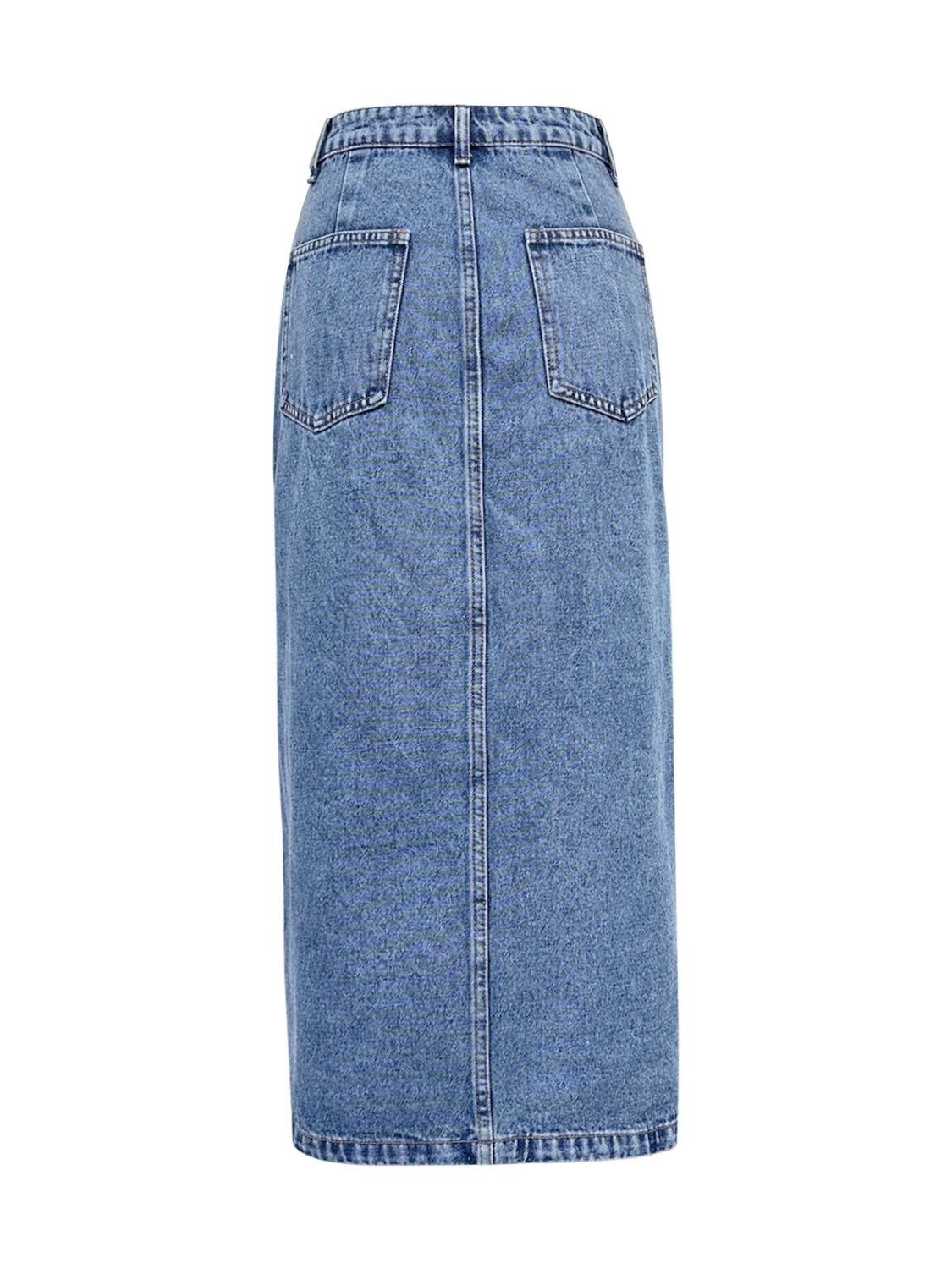 Midi Denim Skirt Front Slit Asymmetrical Waistband Blue Medium Wash Skirts