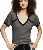 POL Lace Detail V-Neck Short Sleeve Textured Knit T-Shirt