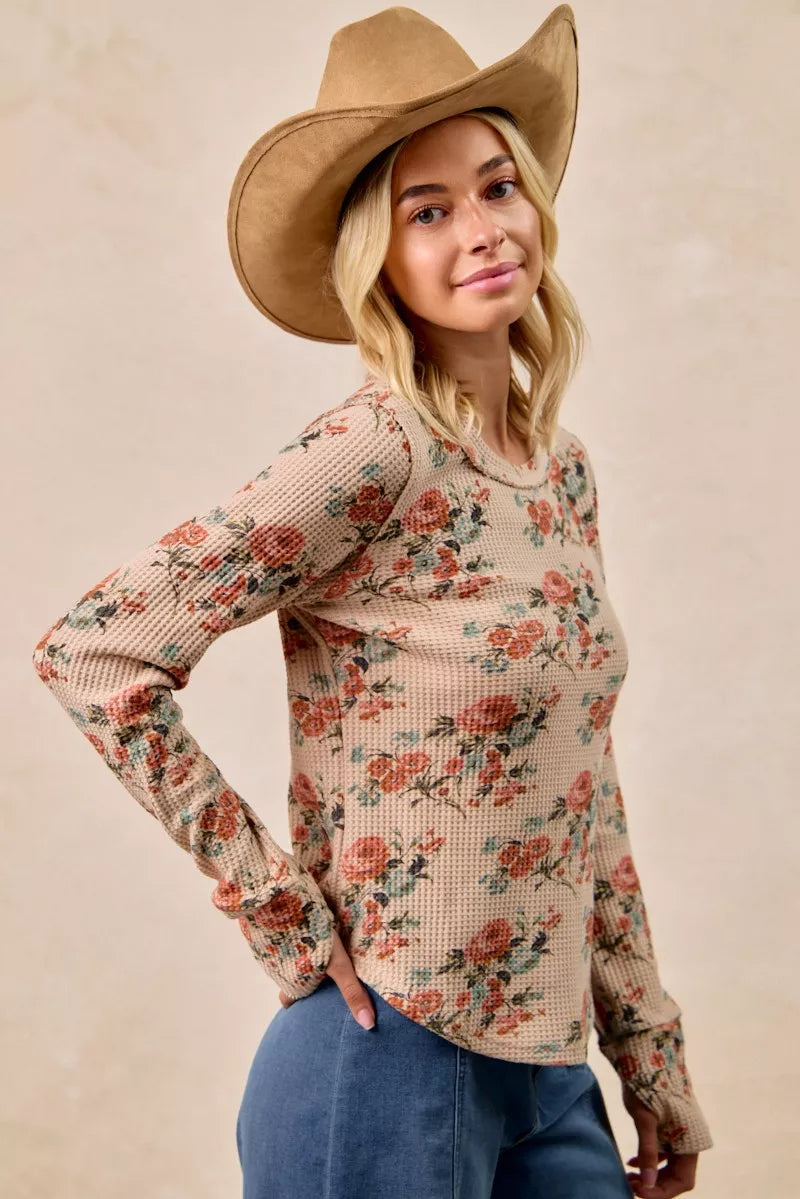 BiBi Womens Blouse Taupe Floral Print Washed Waffle Thermal Top with Thumbs a3d894b1dd4445c9b55bc44946da6192-Max-Origin Trendsi