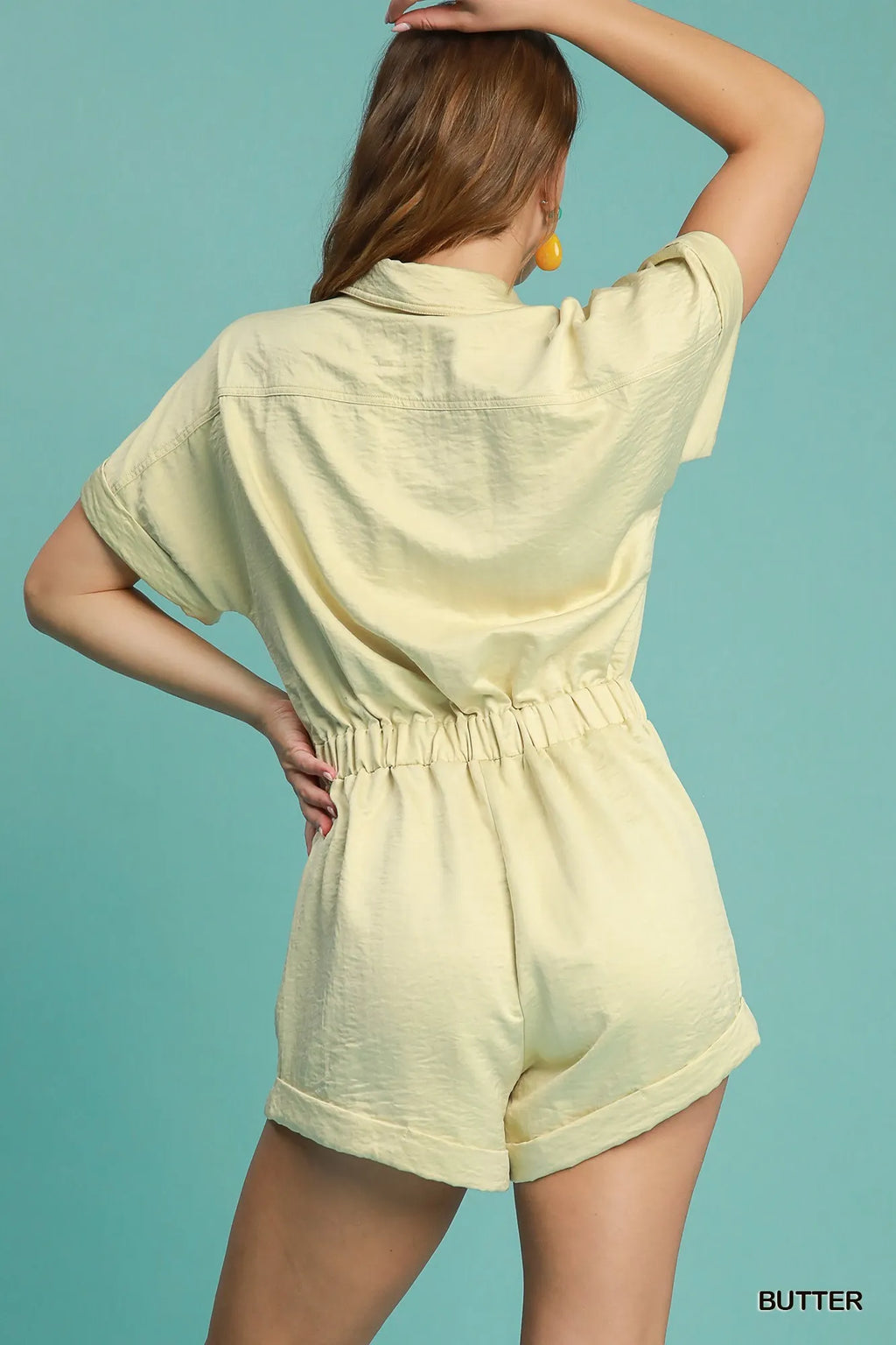 Umgee Romper Butter Color Charmeuse Buttoned Short Sleeve with Pockets a3df0470-48f8-4f1c-a7d1-69931c03f900-Max-Origin Trendsi