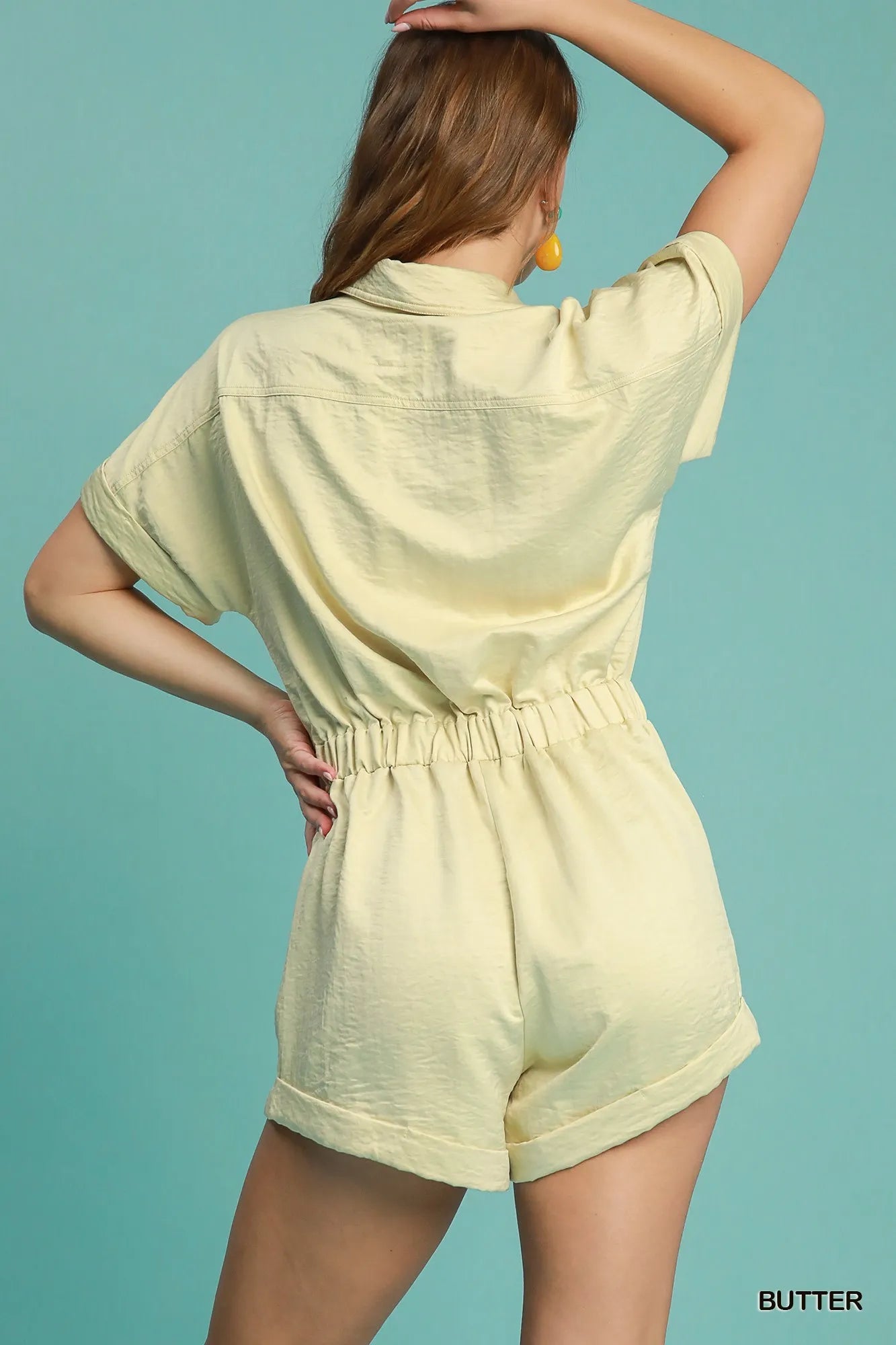 Umgee Romper Butter Color Charmeuse Buttoned Short Sleeve with Pockets a3df0470-48f8-4f1c-a7d1-69931c03f900-Max-Origin Trendsi