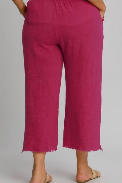 Umgee USA Cropped Pants Women's Raw Hem Wide Leg with Elastic Waist Deep Rose a3eca906-27f9-473c-9043-cf0f06439741-Min Trendsi