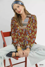 Umgee Womens Blouse Sepia Floral Print Collared Long Sleeve Top a3f306ab-96de-4a76-b595-adb26b78bd95-Max-Origin Trendsi