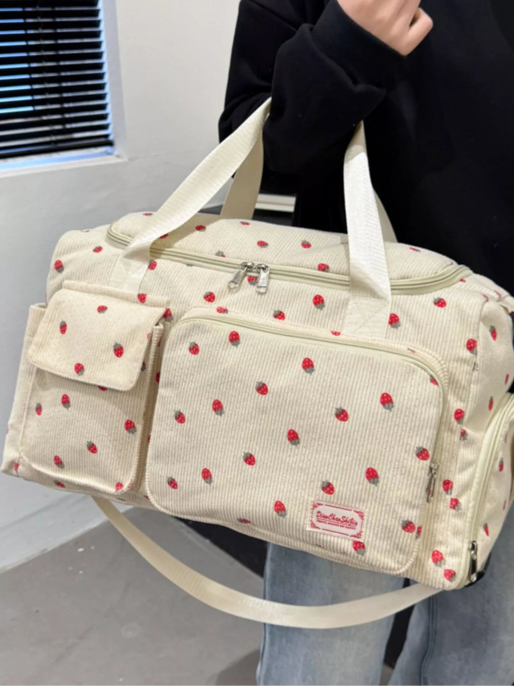 Travel Bag Large Corduroy Strawberry Print Handbag a3f37a1d-0a5b-4baa-8e87-100f2c42b106-Max-Origin Trendsi