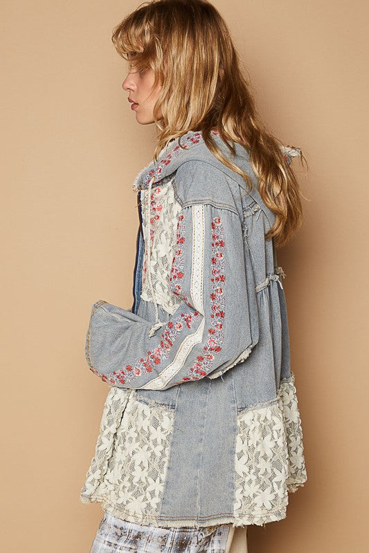 POL Jacket Floral Embroidered Lace Patch Zip Up Hooded Long Sleeve Coat