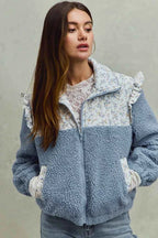 SO ME Women Jacket Faux Fur Sherpa Blue Pull with Floral Ruffle Contrast Zipper BLUE a408663b15484d69bb8c0a54d3ba3545-Max-Origin Trendsi