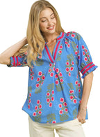 Umgee Womens Blouse Blue Floral V-Neck Puff Short Sleeve Top CERULEAN a40a7a82-3dd9-4aaa-9c49-efe5f37362fe-Max-Origin Trendsi