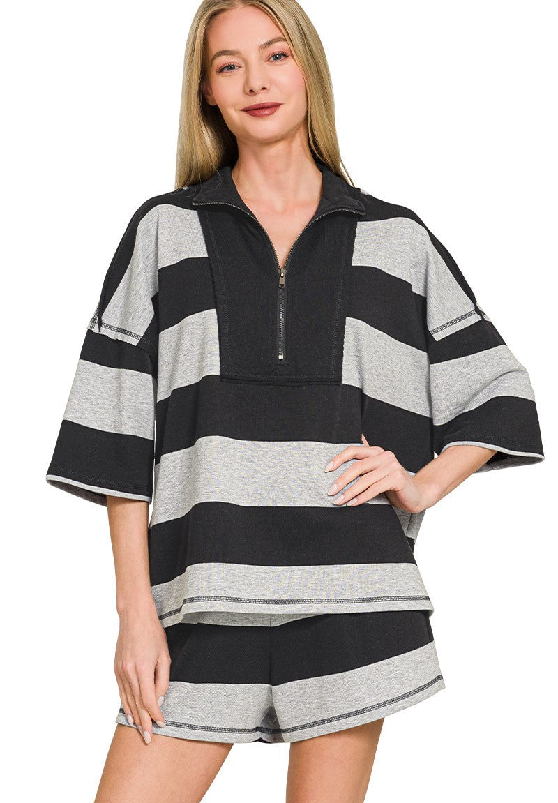 Zenana French Terry Striped Half-Zip Top and Shorts Lounge Set