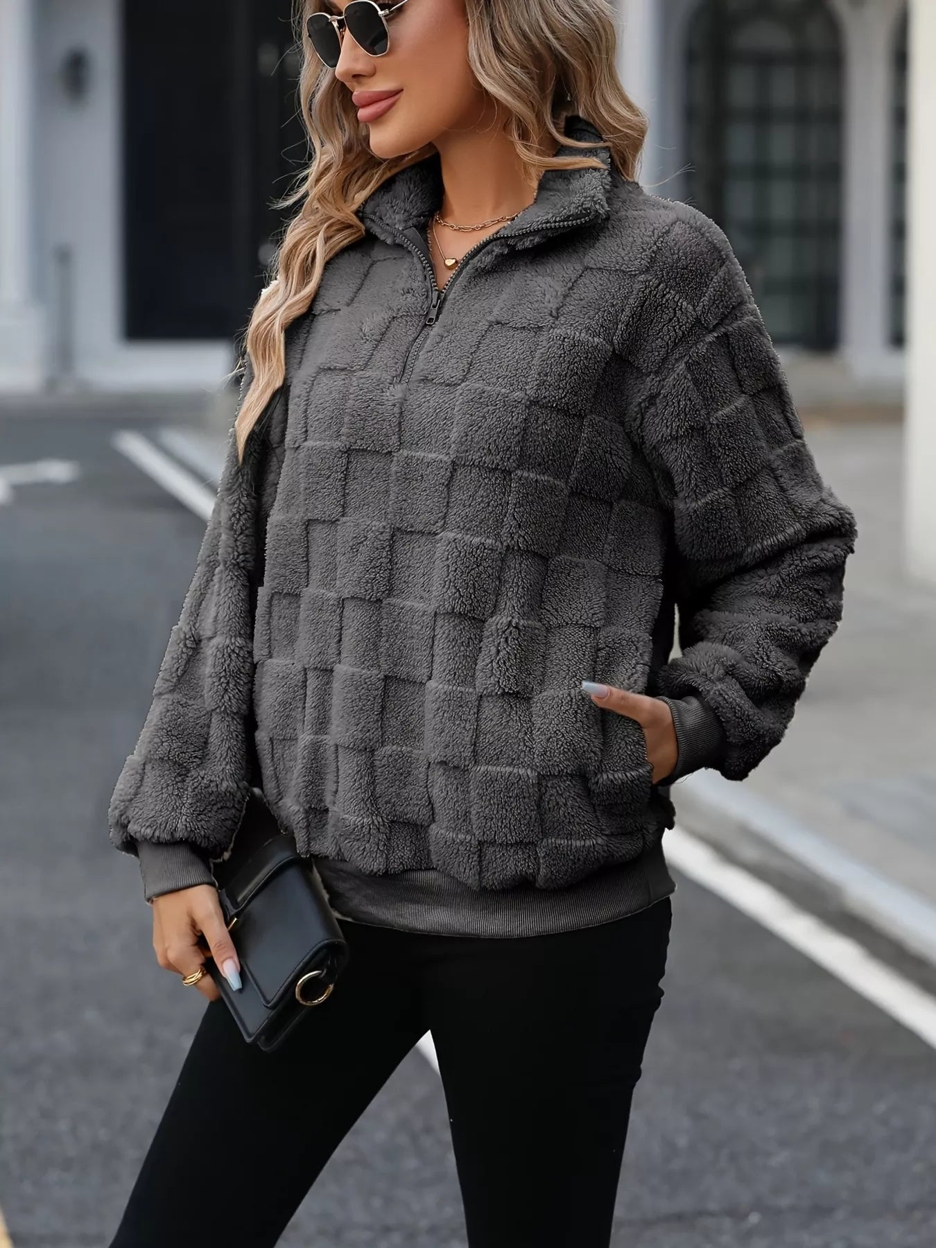 Womens Sweatshirt Cozy Checkered Fleece Dark Gray Quarter Zip Top Dark Gray a40eca46670e44bc82d087e6299bc541-Max-Origin Trendsi
