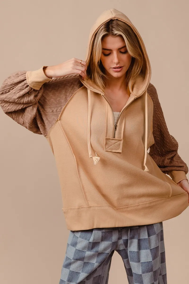 BiBi Women's Hoodie Taupe Half Zip French Terry with Kint Sleeves a41157c14a6b4b67be78fa3af647fd96-Max-Origin Trendsi