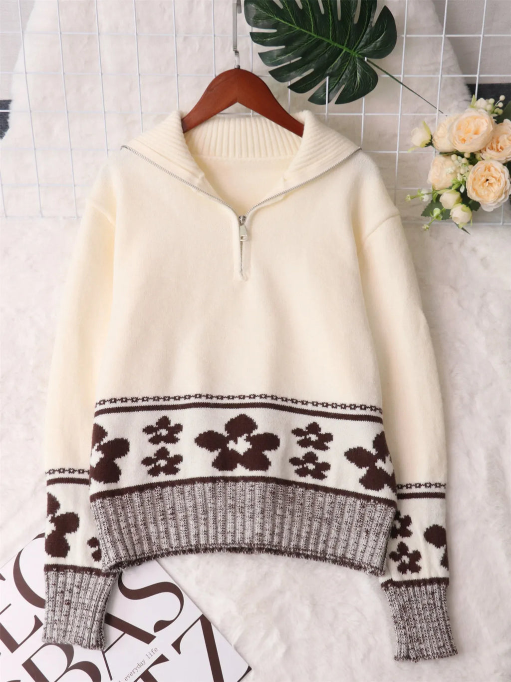 Women's Sweater Flower Hem Zip Collar Long Sleeve Stylish Pullover a41526a234614a319c18f68bd0c187b1-Max-Origin Trendsi