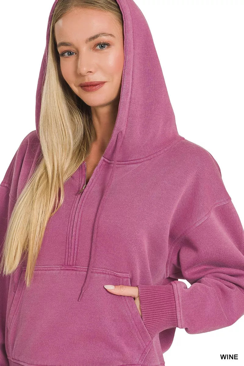 Zenana Fleece Pigment Dye Half Zip Kangaroo Pocket Hoodie a417fe06b9f242f9803039d92fc5c9fa-Max-Origin Trendsi