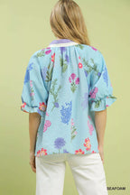 Umgee Womens Blouse Sky Blue Floral Puff Short Sleeve Top Scallop Trim Collar a41c2ecb-219c-4b97-927c-7e4af90425fb-Max-Origin Trendsi