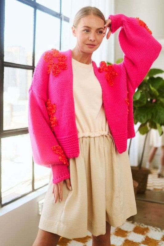 Davi & Dani Cardigan Floral Applique Open Front Hot Pink Oversized Soft Sweater