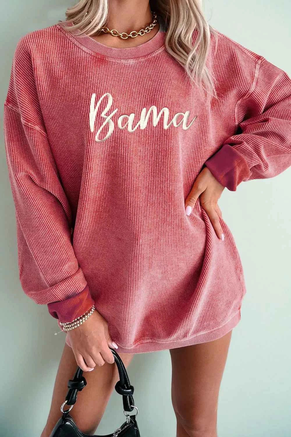 Women Sweatshirt Corded Ribbed Dusty Pink Bama Embroidered Letter Graphic Top Dusty Pink a4242e71-5d4f-47a5-8df7-69c4a880a06b-Max-Origin Trendsi