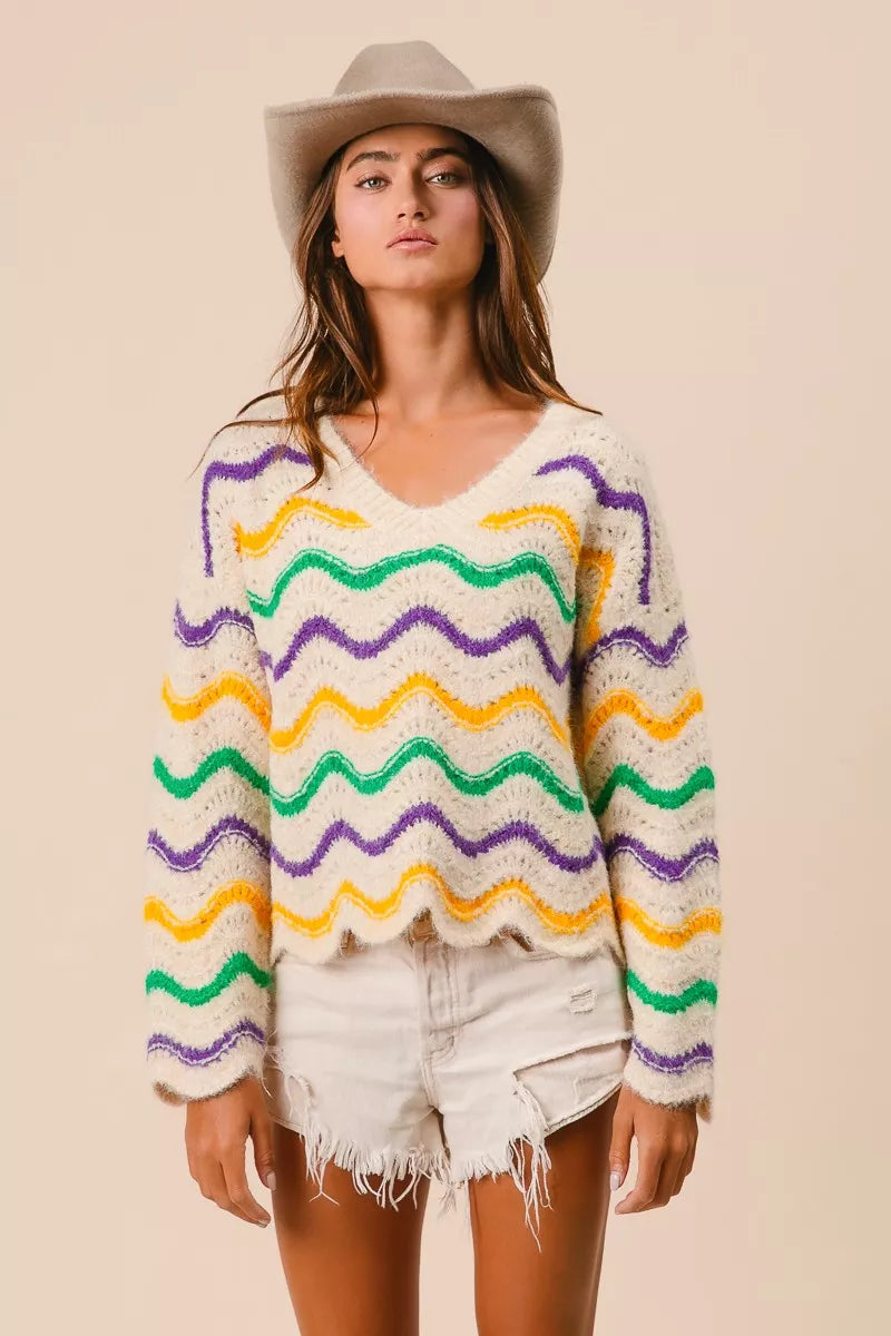 BiBi Womens Sweater Mardi Gras Wavy Stripes V-Neck Open Knit Pullover a43b866f674f43a0805f4406d36f725a-Max-Origin Trendsi