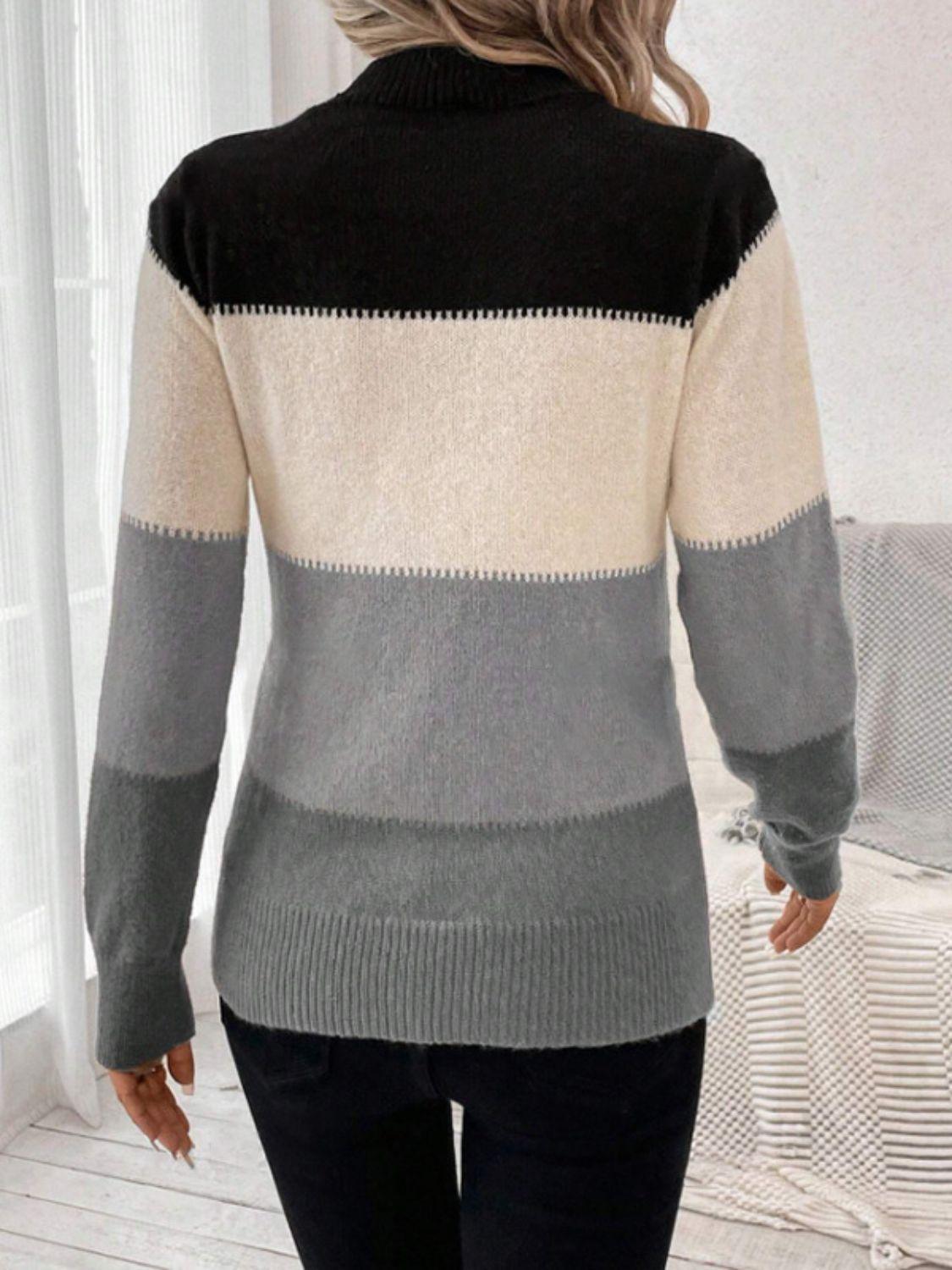 Striped Sweater Color Block Mock Neck Long Sleeve Soft Knitwear a4413b4e-429b-41be-90e6-aa0ab330817f-Max Trendsi