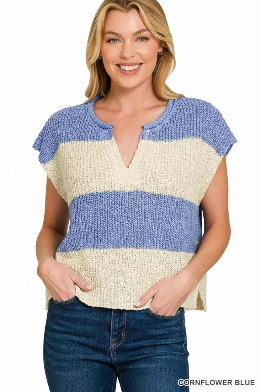 Zenana Women Sweater Blue Stripe Sleeveless Split Neck Knit Top a443fe58-7223-4e72-ae2f-c4780624782d-Max-Origin Trendsi