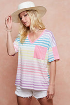 BiBi Cotton T-shirt Rainbow Stripe Printed Triblend Knit Short Sleeve Top a44a985d1c9a4a4f94800a31d4339a15-Max-Origin Trendsi