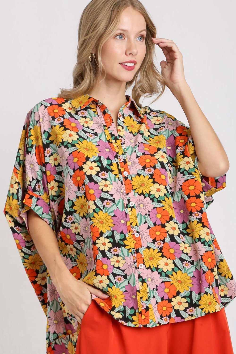 Umgee Floral Shirt Flower Print Boxy Cut Ruffle Short Sleeve S-2XL BLACK MIX a4518fdb-782a-43be-a767-f9f7e1167b37-Max Trendsi