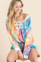 BiBi Tie Dye Womens Top Deep V-neck Blouse With Lace Up Front a45459cfc8364ad899b6e6a58ff22bb7-Max-Origin Trendsi
