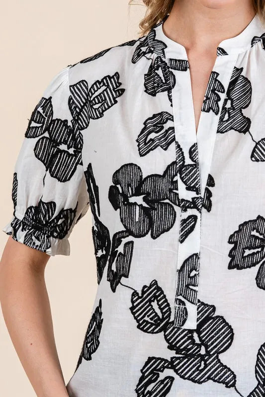 Lime 'N' Chili Blouse Floral Black Ivory Embroidered Split Neck Puff Sleeve a460902e004c499fb8421137f1815288-Max-Origin Trendsi