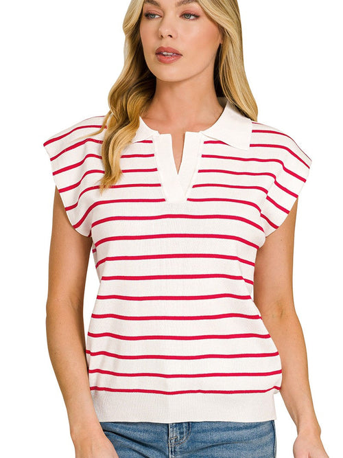 Zenana Viscose Striped Collared Sweater Vest