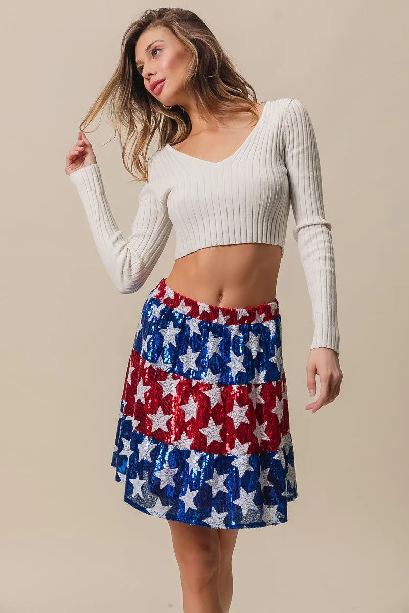 BiBi Sequin Skirt American Flag Theme Star Tiered Short Layered a465926721f2434789f773b136dfc76a-Max-Origin Trendsi