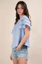 VERY J Top Ruffle Short Sleeve Lace Trim Sky Blue Blouse a466fabe315c42f0b3d62b114e9a3141-Max-Origin Trendsi