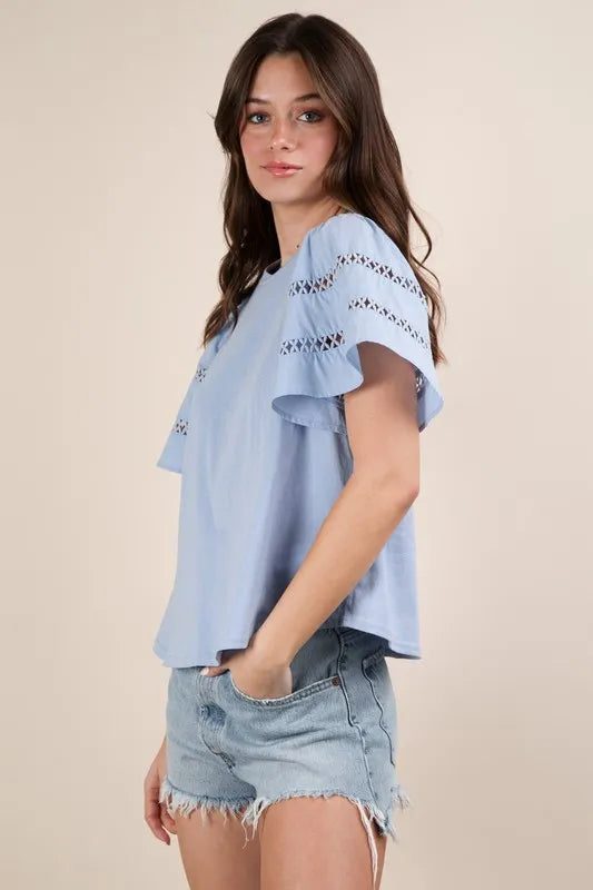 VERY J Top Ruffle Short Sleeve Lace Trim Sky Blue Blouse